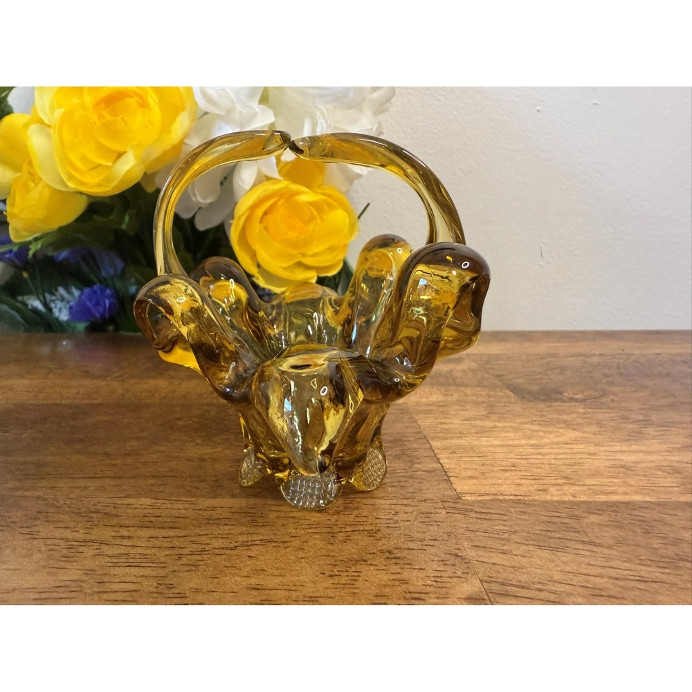 Vintage Chalet Glass Amber Art Glass Basket‎ – Freeform Mid-Century Design Decor